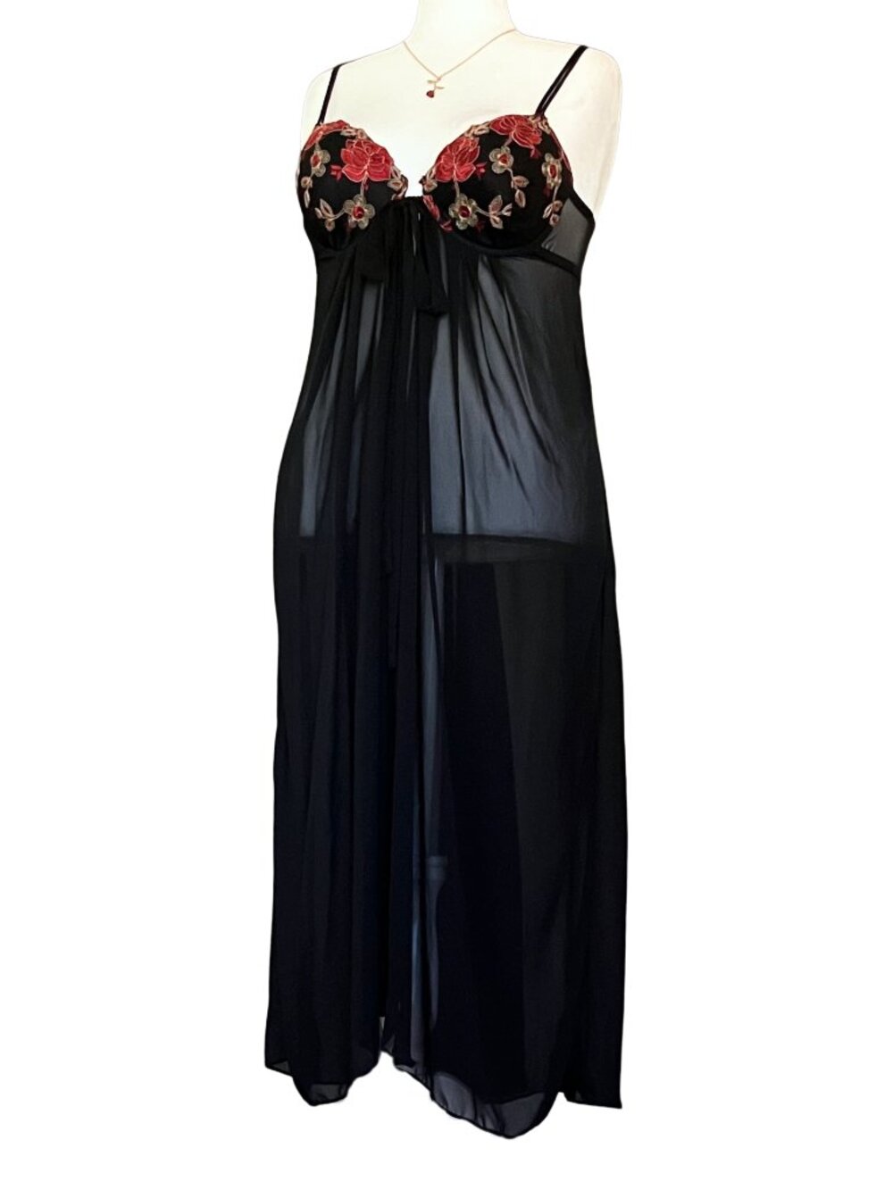 Vintage 90s Sheer Black Lingerie Long Slip Dress Embroidered. M/L. Whimsigoth - Picture 2 of 11